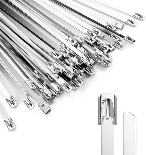 Edelstahl Kabelbinder 50 Stück Kabelbinder Metall Rostfrei 300 x 4,6 mm Selbstsichernde Metallkabelbinder Silber Stahl Kabelbinder für Kabelbündelung, Zaun, Metallband