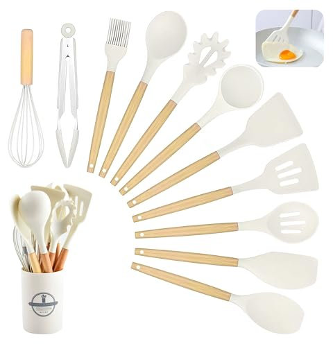 Kitchen Utensil Set, 12 PCS Silicone Cooking Utensils Set with Wooden Handle, Heat Resistant, Nonstick Cookware Tongs Spatula Spoon Set, Silicone Kitchen Utensils Set Suitable for Kitchen(Off White) ﻿