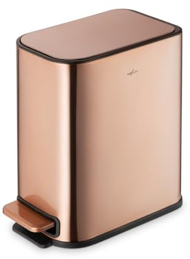 RED FACTOR Slim Small 5L Pedal Bin for Narrow Spaces – Stainless Steel Waste Bin with Soft-Close Lid and Removable Inner Bucket for Bathroom, Kitchen, Bedroom or Office (Copper)