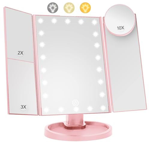 Lighted Makeup Mirror with 22 LED Lights, Dual Power Supply 1x/2x/3x/10x Magnifying Touch Screen Dimmable Mirror, 180 Degree Adjustable Angle, Travel Cosmetic Mirror - Pink