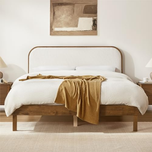 KISLOT Wood Bed Frame with Upholstered Headboard, Mid-Century Boucle Fabric Platform Modern Bed Mattress Foundation Noise-Free No Box Spring Needed Easy Assembly