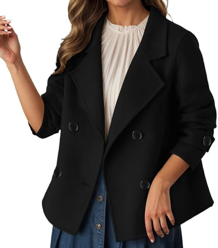 Duohropke Veste de caban pour femme - Double boutonnage - Veste courte en laine - Automne - Hiver - Revers - Manteau d'hiver élégant - Avec boutons - Veste d'hiver légère et chaude