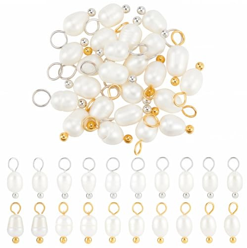 BEAMARKER 40 Colgante de Perlas de Agua Dulce En 2 Colores. Elegantes Cuentas Redondas de Perlas Naturales con Aro de Latón. Ideal para Crear Collares, Pulseras, Pendientes Y Otras Joyas.