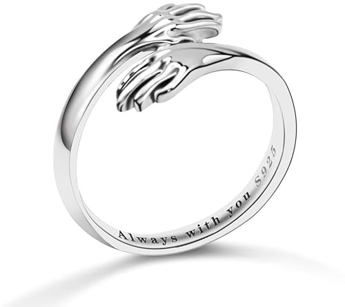 Hug Ring “Always with you” Adjustable 925 Sterling Silver Jewelry Gifts for Women Men Girlfriend Boyfriend Lover Anniversary Halloween Friend Birthday Graduation Christmas Daily Couple Daughter Mom
