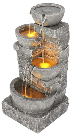 Teamson Home 33.25 in. Cascading Bowls and Stacked Stones LED Outdoor Water Fountain for Gardens, Landscaping, Patios, Balconies, and Lawns for a Calming Oasis in Outdoor Living Spaces, Stone Gray