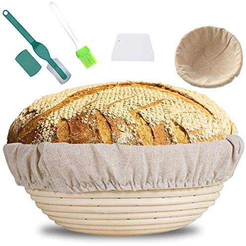 MUOIVG Cestino Rotondo da Lievitazione per Pane 25 x 25 x 8.5 cm,10 Cesto Lievitazione Pan 1000g in Rattan Naturale con Tela di Lino, Raschietto Pasta,Lame Taglierina Pane e Spazzola