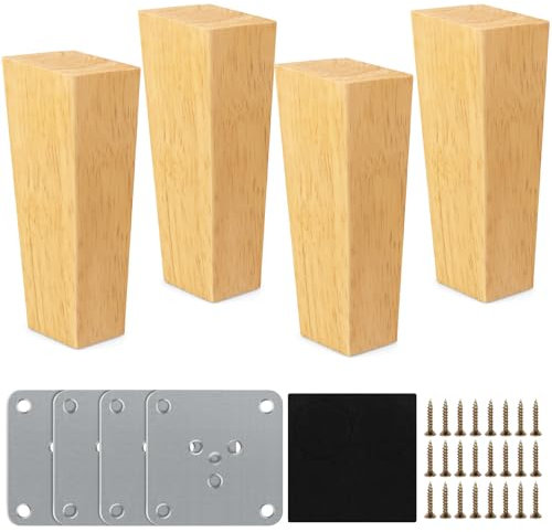 4 Pezzi Gambe per Mobili Legno, 15cm Piedini per Tavolino Divano in Legno Massello con Viti e Piastra di Montaggio per Tavolo Piedini di Ricambio per Divano Letto Poltrona Armadio(Quadrato)