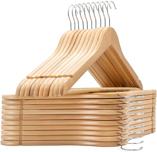 edihome, Grucce Legno, Confezione da 20, Appendiabiti con Scanalature su Spalle, Gancio Girevole a 360° e Barra Portapantaloni Antiscivolo, per Completi Camicie Cappotti (Legno, 20 unità)