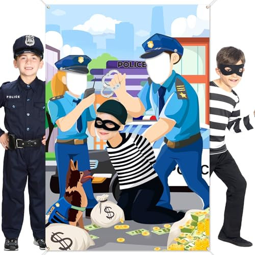 DPKOW Polizeidieb Foto Requisiten Banner, lustiges Gesicht im Loch Spiel für Kinder Polizeidieb Party Foto Hintergrunddekoration, Großes Stoff Türbanner Polizeidieb Partyspiel Dekoration 3,3 x 5 Fuß