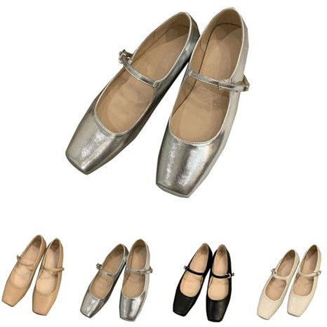 UK 4.5 Women's Ballet Flats Pumps Ballerina Square Toe Mary Jane Ballet Shoes Ladies Flats Buckle Strap Leather Dolly Pumps A0_Clearance Silver