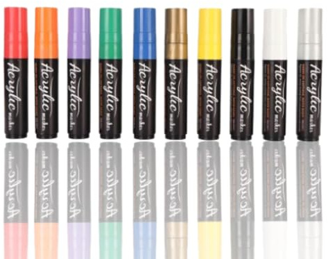 Jwthee 10 Vibrant Color Acrylic Paint Markers Set,15mm Fiber Tips DIY Water proof Quick Drying Paint Marker Pens for Signs, Board, Calligraphy, Poster Markers
