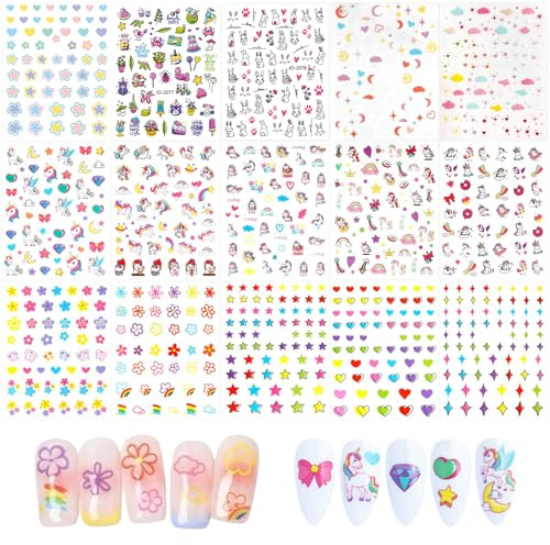 BelleFlair 15 Hojas de Pegatinas de Uñas para Niños, Pegatinas Autoadhesivas de Uñas para Niñas, Lindos Motivos de Unicornio Arcoíris Flor Corazón Estrella Animales, Diseños de Uñas Tatuajes para