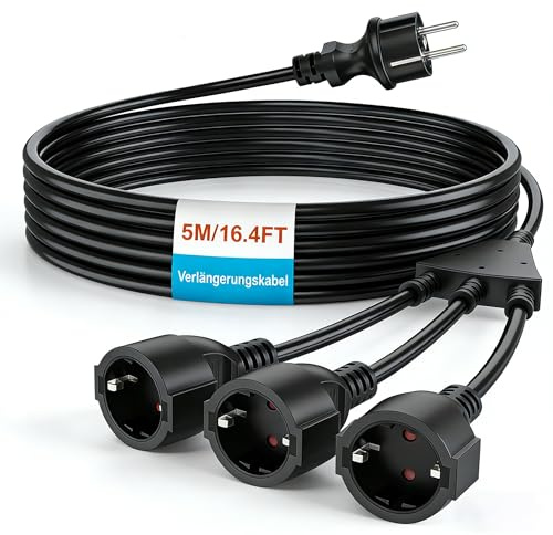 Verlängerungskabel 5M, Stromkabel Verlängerungskabel Schuko mit 3 Steckdosen, Premium-Gummi Kabelverlängerung, IP44 Wetterfest Extension Cord Außen für Garten/Werkstatt/Baustelle (16A/250V, Schwarz)