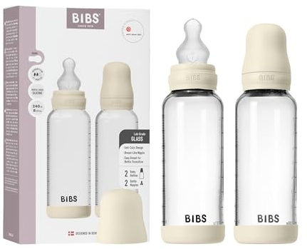 BIBS Baby Glass Bottle. Lot de 2. Anti-colique. Embout rond en Silicone. Favorise l’allaitement naturel, Complete Set - 240 ml (Pack of 2), Ivory
