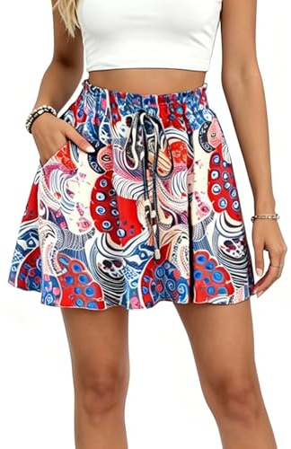 Koerye Pantalones Cortos Verano Mujer Elegante Ligeros Fluido Mini Pantalon Cortos Casual Elástica Sueltos Cintura Alta Moda Boho Anchos Shorts Azul,XL