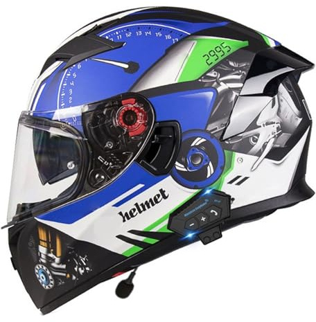 Bluetooth Caschi Integrale Retrò Retrò Casco Moto Integrali Approvato DOTECE Elmetto Cross E Off-Road Con Doppia Visiera Per Uomini Caschi Integrato Altoparlanti Integrati J,M:57-58CM