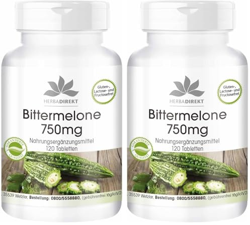 Melón amargo 750mg + Cromo – Momordica charantia – Altamente dosificado y vegano – 120 comprimidos | HERBADIREKT by Warnke Vitalstoffe - Calidad de farmacia alemana (Paquete de 2)