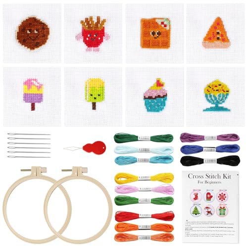 UJBVCX 8 Pezzi Ricamo Starter Kit, Ricamo Starter Kit per Principianti, Gelato al Croissant Kit per Punto Croce per Bambini, Telaio da Ricamo con Motivo