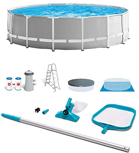 Intex Prism Frame 15' x 48 Above Ground Swimming Pool Set with Filter Pump, Ladder, Pool Cover, and Maintenance Pool Cleaning Kit with Vacuum Skimmer