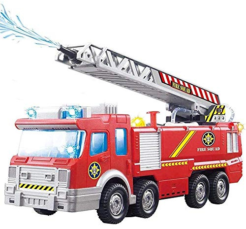 BAKAJI Camion des Pompiers Jouet pour Enfants à Batterie avec Pompe Pulvérisation d'eau Bras Extensible et Pivotant Sirène Lumières Sons et Mouvement Mystère Bump et Go Taille: 24 x 6 x 9 cm