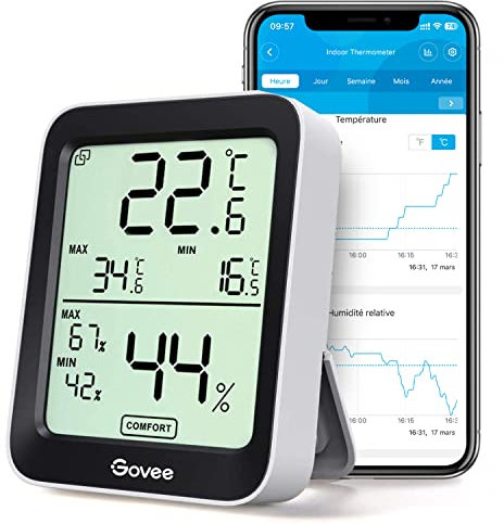 Govee Thermomètre Hygromètre Intérieur Petit Moniteur Mini Numérique à Haute Précision Capteur Humidité Température, LCD Bluetooth Stockage Données Maison Chambre Frigo Cave Garage Serre