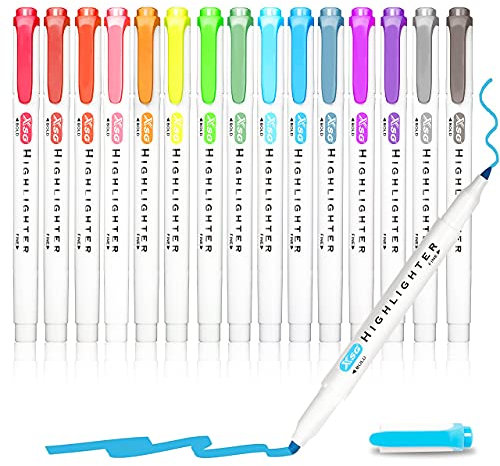 Textmarker,15 Farben Pastell Textmarker mit zwei Spitzen,Meißel und feine Macron-Farben für Erwachsene und Kinder, Schulbedarf