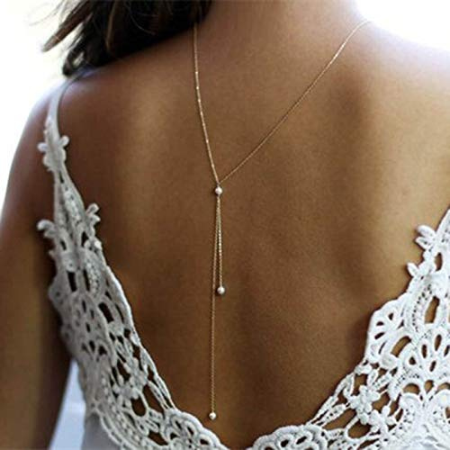 TseenYi Collier à dos avec perles, chaîne de collier de dos de mariée, bijoux collier lariat pour femmes et filles, 1 Count (Pack of 1), Métal, Or, Perle