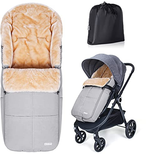 Orzbow Saco Silla Paseo Universal Invierno con Piel de Cordero Artificial, Impermeable Saco Carro Bebe Invierno con Cremallera, Fácil Acceso, Extraíble y Lavable a Máquina (Gris Claro)