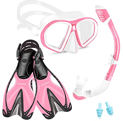 Supertrip Kids Snorkeling Set, Snorkeling Gear for Kids, Children Mask Fin Snorkel Set with Tempered Glass, Snorkel Mask Diving Goggles, Dry Top Snorkel, Adjustable Swim Fins for Boys Girls Age 6-14