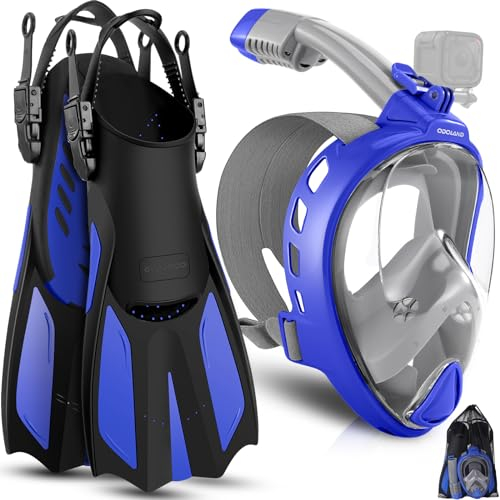Odoland Snorkel Set for Man and Women, 180° Panoramic View Full Face Snorkeling Mask with Camera Mount and Swim Fins, Dry Top Breathing Anti-Leak Anti-Fog Diving Mask for Adult Deepblue L