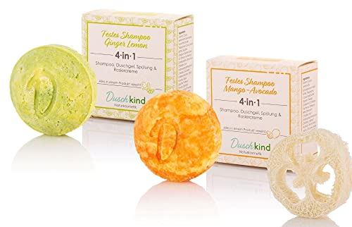 Duschkind Festes Shampoo Set 4-in-1 – Ginger Lemon & Mango Avocado, 2×56 g – Shampoo • Duschgel • Conditioner • Rasiercreme – handgemacht in Deutschland – vegane plastikfreie Naturkosmetik mit Luffa