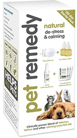 Pet Remedy Natural Calming for All Pets. Extra Value Starter Kit. 120 day diffuser, 75ml Calming Spray, 12 x Calming Wipes.