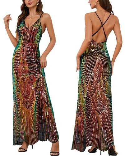 Women's V Neck Spaghetti Straps Sequin Sparkly Glitter Irregular Hem Prom Dress Bcakless Maxi Evening Gowns L Multicoloured