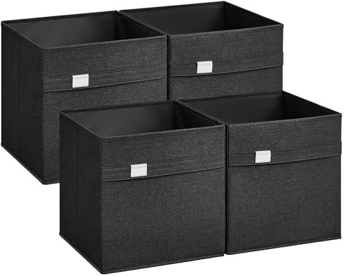 SONGMICS Aufbewahrungsbox, 4er Set, Ordnungsboxen, 33 x 33 x 33 cm, 2 Griffe, faltbar, Oxford-Gewebe, Leinenimitat, pflegeleicht, Metall-Etikettenhalter, für Würfelregal, tintenschwarz ROB233B04