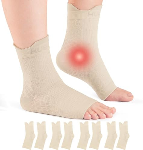 HUEGLO Attelle Cheville Sport pour Chevillère Entorse, 4 Paire Chaussettes de Contention Homme Femme Strapping Chevillere de Maintien Beige L