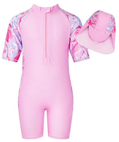 JiAmy Baddräkt för flickor, UV-skydd, baddräkt i ett stycke med solhatt, långärmad, dragkedja, badkläder, baddräkter för barn 4–9 år, ROSA, 4-5 År