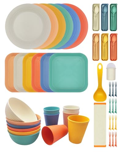 YEEBECA 69 Pièces Vaisselle Camping, Vaisselle Plastique Reutilisable Sans BPA pour 6 Personnes, Set Pique Nique Incluant Planche À Découper Pliable Et Une Louche Anti-goutte.