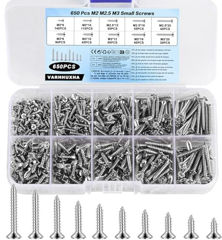 650 Pcs Vis à Bois, M2 M2.5 M3 Petites Vis Autotaraudeuses, Vis à Tête Plate Cruciforme, Assortiment de Vis Autoforeuse à Tête Fraisée Croisée pour Terrasse Aggloméré Cloison Sèche Béton