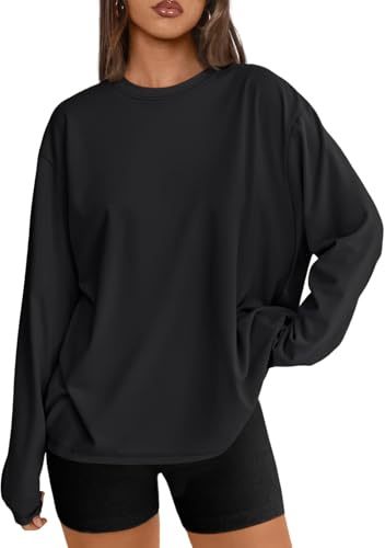 Trendy Queen Womens Spring Tops Oversized Long Sleeve T Shirts 2026 Basic Tee Fall Casual Workout Y2K Clothes Black L