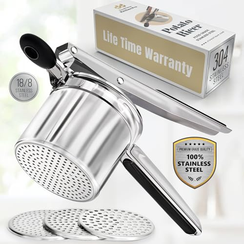 DwellDecor Kitchen PRO 15oz Premium Grade Stainless Steel Potato Ricer | Kitchen Tool for Mashed Potatoes| Ricer & Masher| Potatoes Masher, Non-Slip Silicon Handle, 3 Interchangeable Discs, Easy Clean