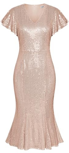 GRACE KARIN Women's Sequined Ruffle V-Neck Cocktail Dress Elegant Bodycon Slim Fit Pour Wedding Prom XXL Light Pink