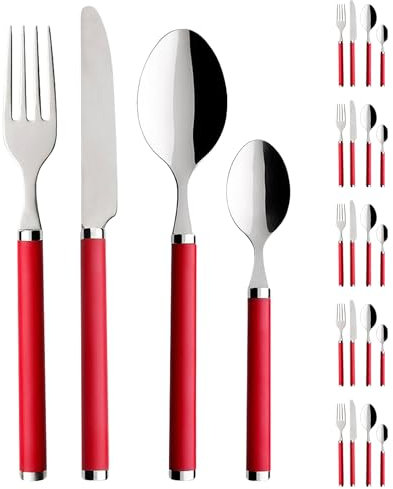 IlGruppone Set 24 Pezzi Posate Tavola Acciaio Inox 6X Forchetta Coltello Cucchiaio Cucchiaino Rosse Lavabili Lavastoviglie Confezione Regalo Idea Natale Certificate Contatto Alimenti