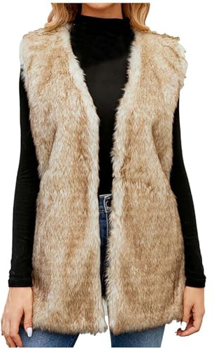Klijuiaup Gilet en polaire fausse fourrure pour femme - Sans manches - Col en V - Ouvert sur le devant - Veste d'hiver chaude longue et moelleuse, kaki, 3XL
