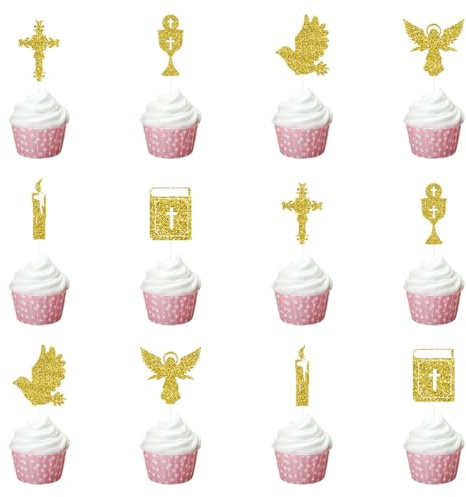 JchEnye 12 pièces de déco gâteau Communion : Poissons, Croix, calices, Anges. Toppers gâteaux/Cupcakes, déco Table. Idéales pour Communion, baptême, Confirmation et fêtes d'anniversaire.