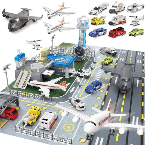 Frontoytall Airplane Toy Set, Boys Plane Playset with Die-cast Trucks STEM