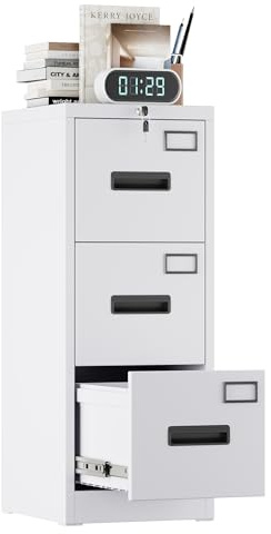 FlairVibe A4 Armario Archivador Metálico, 3 Cajonera Oficina Archivadores Verticales, Bloqueable, Incluye 2 Llaves, Dispositivo de Inserción, Muebles Oficina