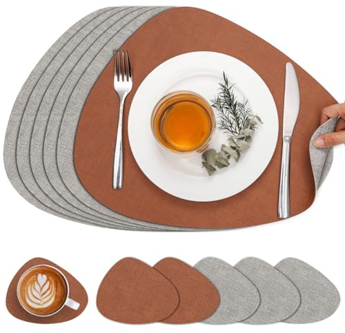 Chitomars Placemats and Coasters Set of 6 Dual Sided Faux Leather Table Mat | Heat Resistant Washable Place Mats Non Slip Waterproof Leather Placemat for Dining Indoor Outdoor (Light Grey Reddish Brown)