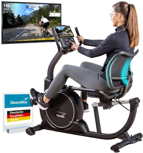 Skandika Vélo d'appartement semi allongé Cykling P8-H Comfort | Vélo semi couché connecté avec écran LCD, frein magnétique, 16 niveaux de résistance, max 120 kg et 195 cm, Bluetooth