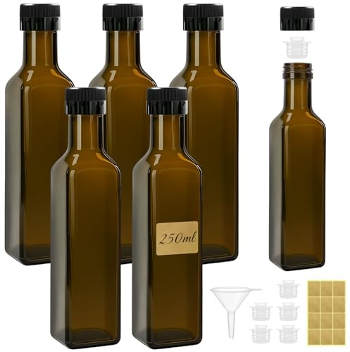 Hengxinchen 6 Pièce 250ml Bouteille Huile, Distributeur D'huile D'olive Kit | Vert Brun Bouteille Verre,Avec Entonnoi,Rétiquette,Récipient pour Bouteill D'huile D'olive pour la Cuisine et le Barbecue