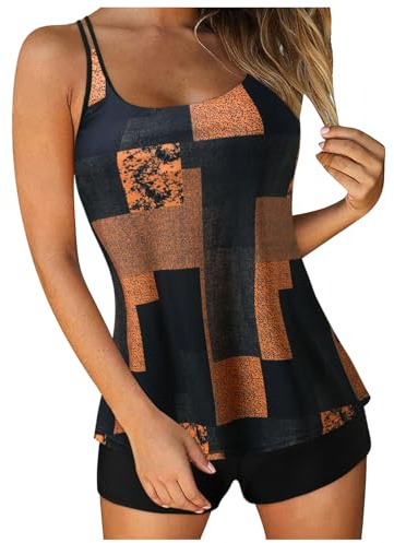 Maillot de Bain Femme 2 Pièces Shorty Tankini Dos Nu à Bretelle Grande Taille Push Up Bikini Rayures Rembourré